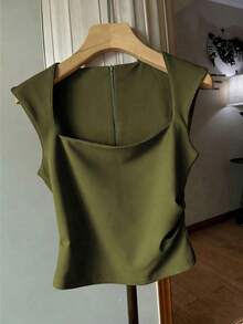 Camiseta de tirantes de mujer de unicolor azul marino con plisado en la cintura y cremallera en la espalda - Verde militar - Ver 1