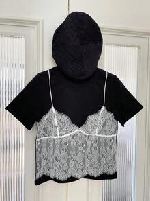Camiseta casual de mujer de manga corta con cuello redondo de encaje en contraste para el verano - Negro - Ver 2