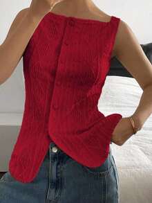 Blusa de verano informal de mujer de unicolor con textura y cierre de botones delantero - Rojo - Ver 7