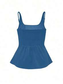 Top sin mangas con pliegues en color marrón (elástico en 4 direcciones), top con peplum para mujer - Azul - Ver 2