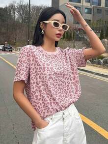 Camiseta de manga corta holgada con estampado de leopardo para mujer, ropa de verano y otoño - Rosa - Ver 8