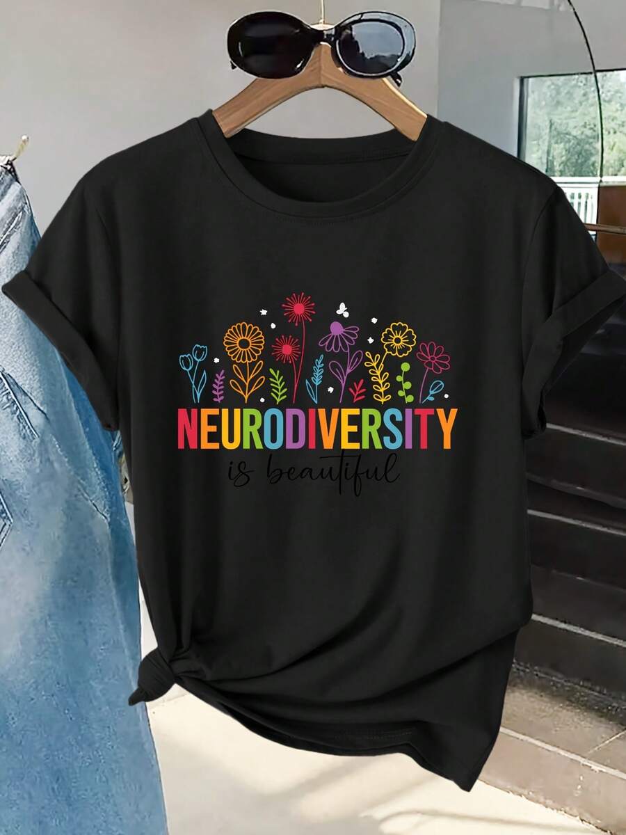 Camiseta de Manga Corta para Mujer de Concienciación sobre la Neurodiversidad - Blusa de Cuello Redondo Suave y Transpirable (Tallas S-XXL) | Lavable a Máquina, Multicolor, Ideal para Primavera, Verano, Otoño, Uso Casual, Desplazamientos, Eventos Benéficos y Outfits Diarios