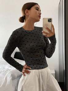 Blusa de manga larga de cuello redondo, ajuste delgado, con estampado de lunares, ropa de otoño para mujer - Negro - Ver 3