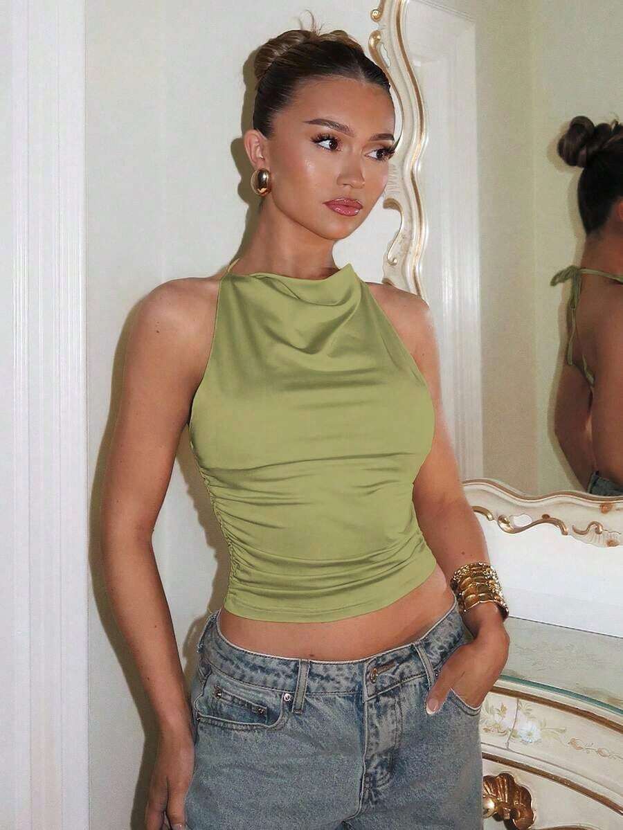 1 pieza Camiseta de mujer de unicolor con pliegues, escote halter y espalda descubierta, ropa de mujer para otoño y vuelta al colegio - Verde - Ver 1