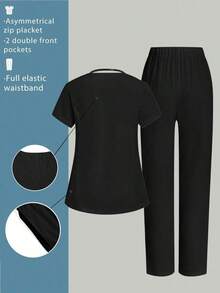 Conjunto de uniforme de enfermera con cuello en V, manga corta y bolsillo lateral con abertura, color azul claro, pantalón informal, conjunto de uniforme de enfermera, para primavera/verano - Negro - Ver 2