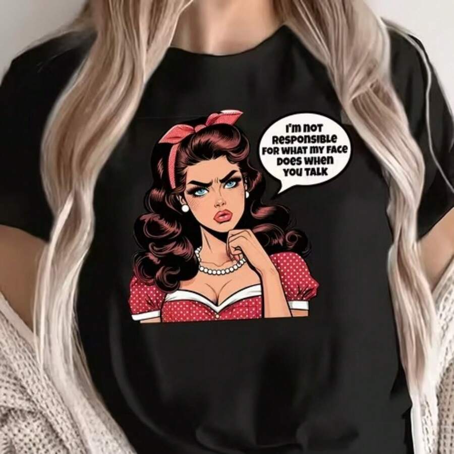 Womens Casual Cotton Short Sleeve Round Neck T-Shirt with Pop Art Print and Slogan - Negro - Ver 1
