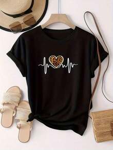 100% cotton Camiseta Casual Negra para Mujer con Estampado de Corazón de Leopardo, Manga Corta, Cuello Redondo,  para Uso Diario, Linda y Elegante - Negro - Ver 3
