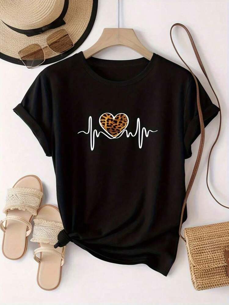 100% cotton Camiseta Casual Negra para Mujer con Estampado de Corazón de Leopardo, Manga Corta, Cuello Redondo,  para Uso Diario, Linda y Elegante - Negro - Añade 3