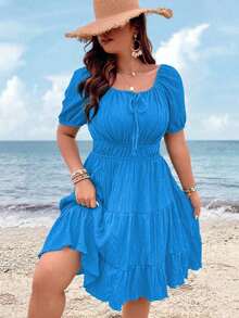 Clasi Vestido corto de manga corta en color burdeos de uso diario, sencillo y liso para mujeres de talla grande - Azul - Ver 8