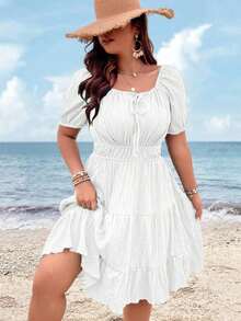 Clasi Vestido corto de manga corta en color burdeos de uso diario, sencillo y liso para mujeres de talla grande - Blanco - Ver 8