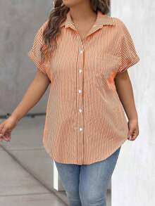 Vionelle Blusa casual de talla grande para mujer con estampado de rayas azul y blanco, de manga corta y abotonada, para el verano - Naranja - Ver 5