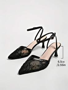 Fashionable Elegant Floral Embroidery Mesh Pointed Toe High Heels - Black - View 6