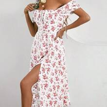 Holidaya Allover Floral Knot Split Thigh A-line Dress - Blanco - Ver 4