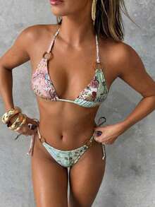 Conjunto de bikini con estampado de teñido anudado para mujer, traje de baño de mujer con decoración de concha iridiscente sexy para fiestas y festivales de música, atuendo de playa de vacaciones para mujer - Multicolor 4 - Ver 4