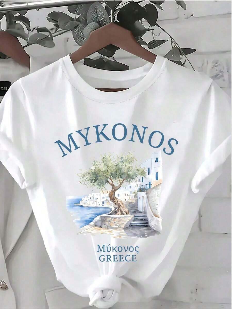 Women's Short-Sleeved T-Shirt, Crew Neck, Casual Style, Featuring A Mykonos, Greece Print. Regular Fit, Lightweight, White With A Blue And Green Illustration. Holiday Wear, Relaxed Fit Shirt, Comfortable To Wear, For Leisure Time. - 白色 - 查看 1