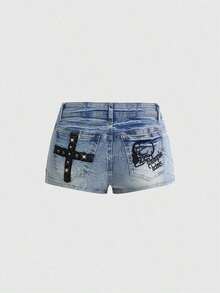 Grunge Punk Shorts vaqueros de tiro súper bajo para mujer con bordado de calavera y decoración de remaches, estilo Y2K Baddie - Celeste - Ver 1