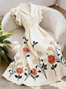 Vestido de manga acampanada de longitud media, de color albaricoque, con estampado floral, cuello de solapa, botones de perlas en la cintura, diseño de manga acampanada, encantador, elegante, dulce, para uso diario, vacaciones, viajes, citas, esti - Multicolor 3 - Ver 3