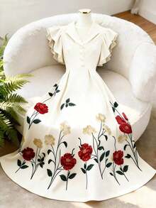 Vestido de manga acampanada de longitud media, de color albaricoque, con estampado floral, cuello de solapa, botones de perlas en la cintura, diseño de manga acampanada, encantador, elegante, dulce, para uso diario, vacaciones, viajes, citas, esti - Multicolor 5 - Ver 8