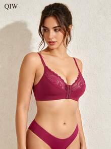 1pc Women's Casual Wireless Lace Bra With Adjustable Straps, Sexy & Breathable - Red - View 4