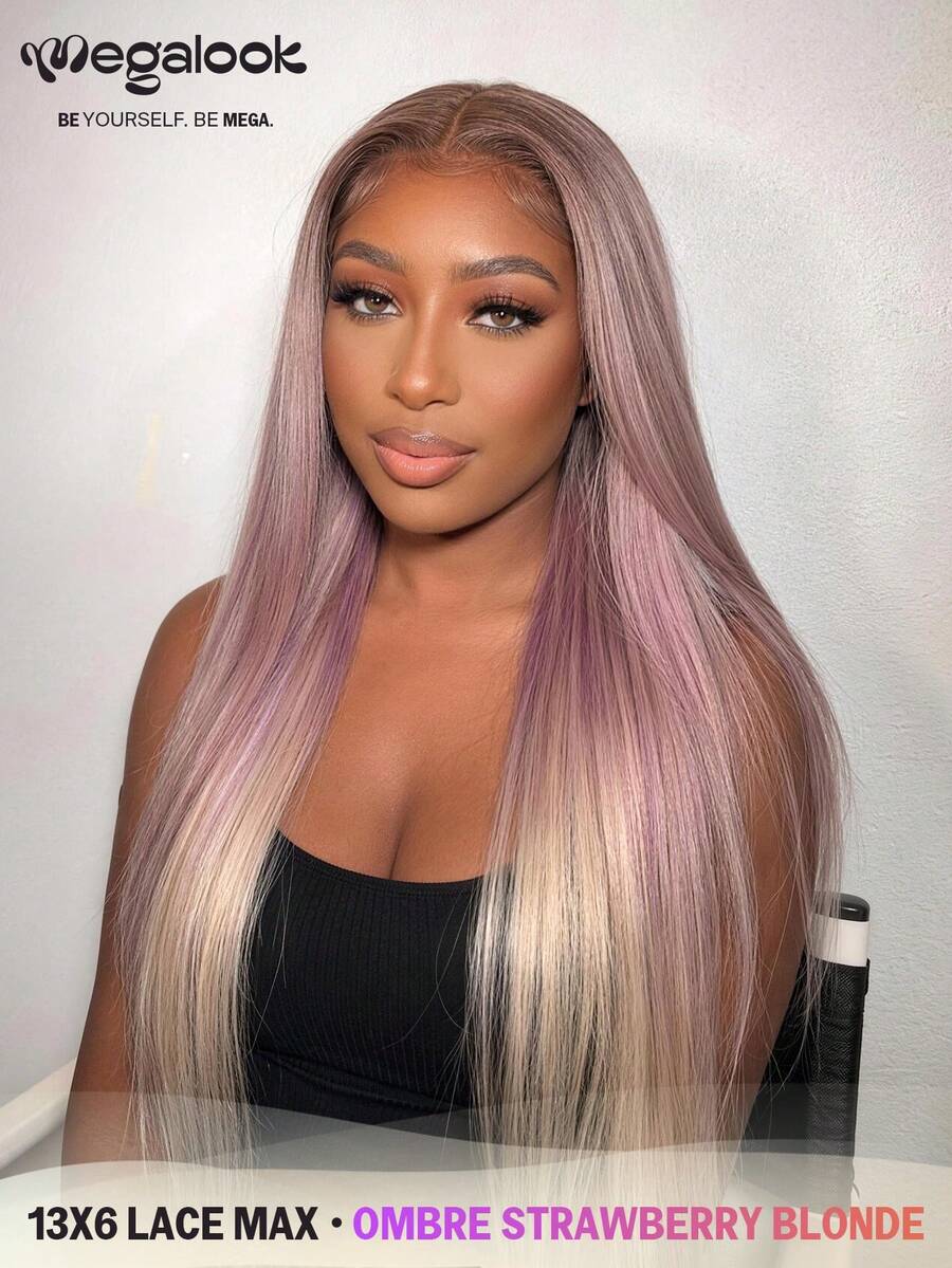 MEGALOOK 13x6 Lace Max Wig, Ombre Strawberry Blonde, Silk Straight, 100% Human Hair, 180% Density, 18-22 Inch, Pre-Plucked Hairline, Pre-Bleached Knots, Breathable Cap, Beginner Friendly, Women's Style
