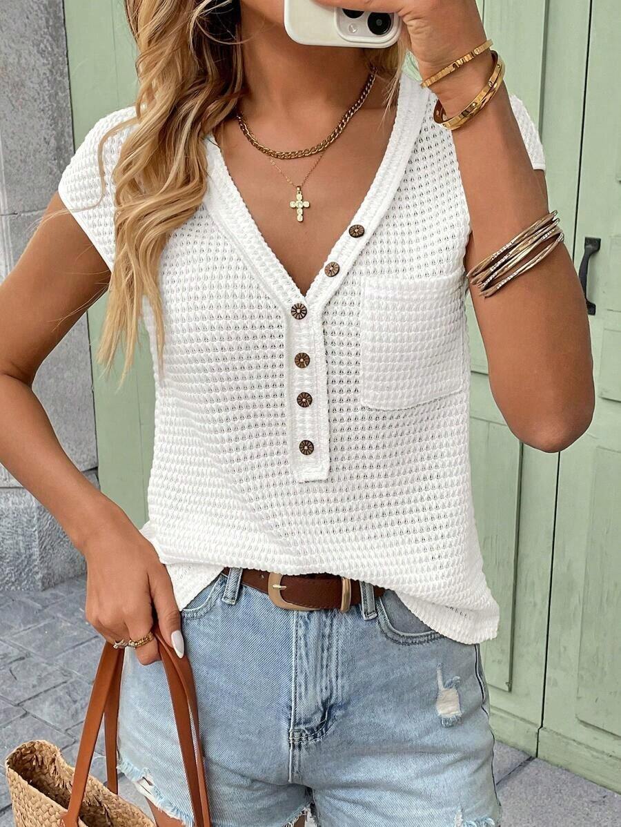 Camiseta de punto de gofre de cuello en V sólido, de manga corta, casual para primavera y verano - Blanco - Ver 1