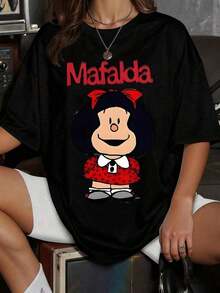 LooseMafalda la niña curiosa de pelo oscuro y lazo rojo viste un atuendo de cruces que simboliza su inteligencia aguda y su espíritu crítico anhela un mundo mejor paz y justicia en esta Camiseta de mujer 220gCotton Women's T-shirt, Breathable and Sweat-absorbent Summer Short Sleeve - Negro - Ver 7