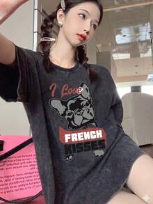 复古做旧扎染猫咪印花短袖T恤，女款，宽松圆领，黑灰色，休闲街头风，修身夏季上衣 - 黑色 - 查看 1
