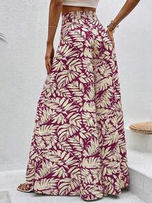 Pantalones de pierna ancha con estampado tropical - Burdeos - Ver 2