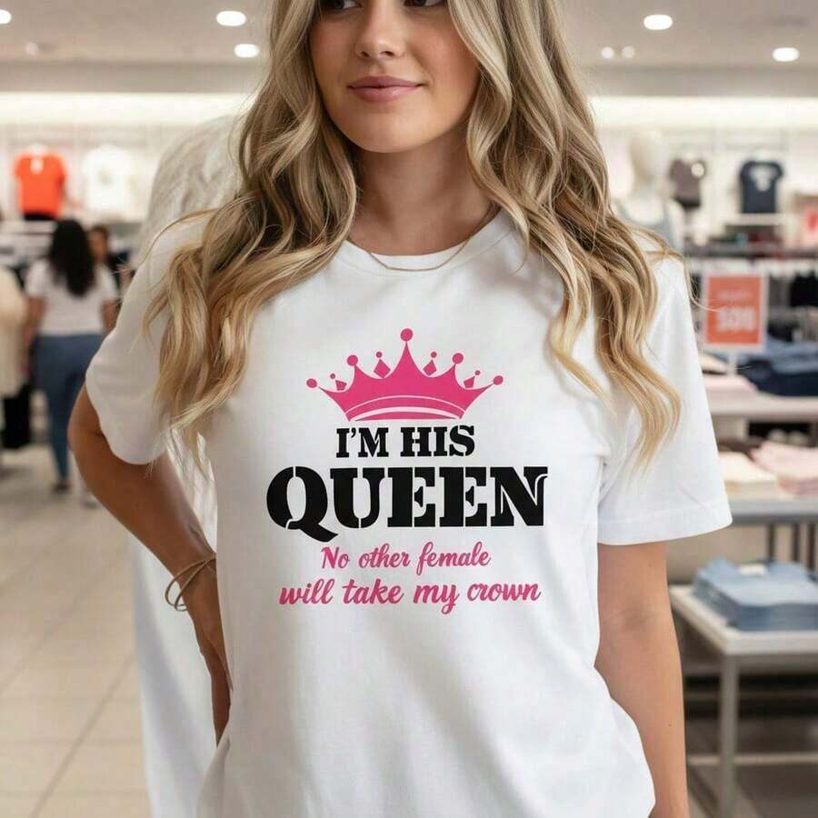 Camiseta de Algodón Vintage para Mujer con Estampado Gráfico "Soy Su Reina", Manga Corta, Cuello Redondo, Estilo Casual, Tallas S-5XL, Camiseta Negra con Diseño de Corona Rosa, Perfecta para Parejas, Uso Diario, Camiseta Distintiva, Tejido de Algodón Suave y Cómodo, Regalo Ideal para Ella, Moderna y Elegante. - Blanco - Ver 1