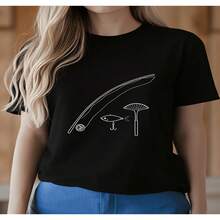 Women's Black Cotton Regular Sleeve Round Neck T-Shirt With Fishing Graphic Print, Casual And Chic High Stretch Top - 黑色 - 查看 1