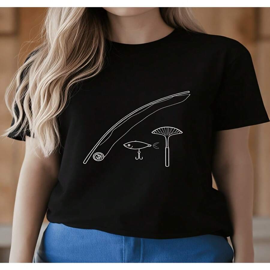 Women's Black Cotton Regular Sleeve Round Neck T-Shirt With Fishing Graphic Print, Casual And Chic High Stretch Top - 黑色 - 查看 1