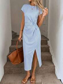 Vestido midi sin mangas con abertura alta, estampado elegante de lazo a rayas rosa, estilo minimalista casual; Vestido de punto de textura casual ajustado para mujer; Conjunto de fitness para mujer; Vestido de invitada de boda para mujer; Atuen - Multicolor 5 - Ver 3