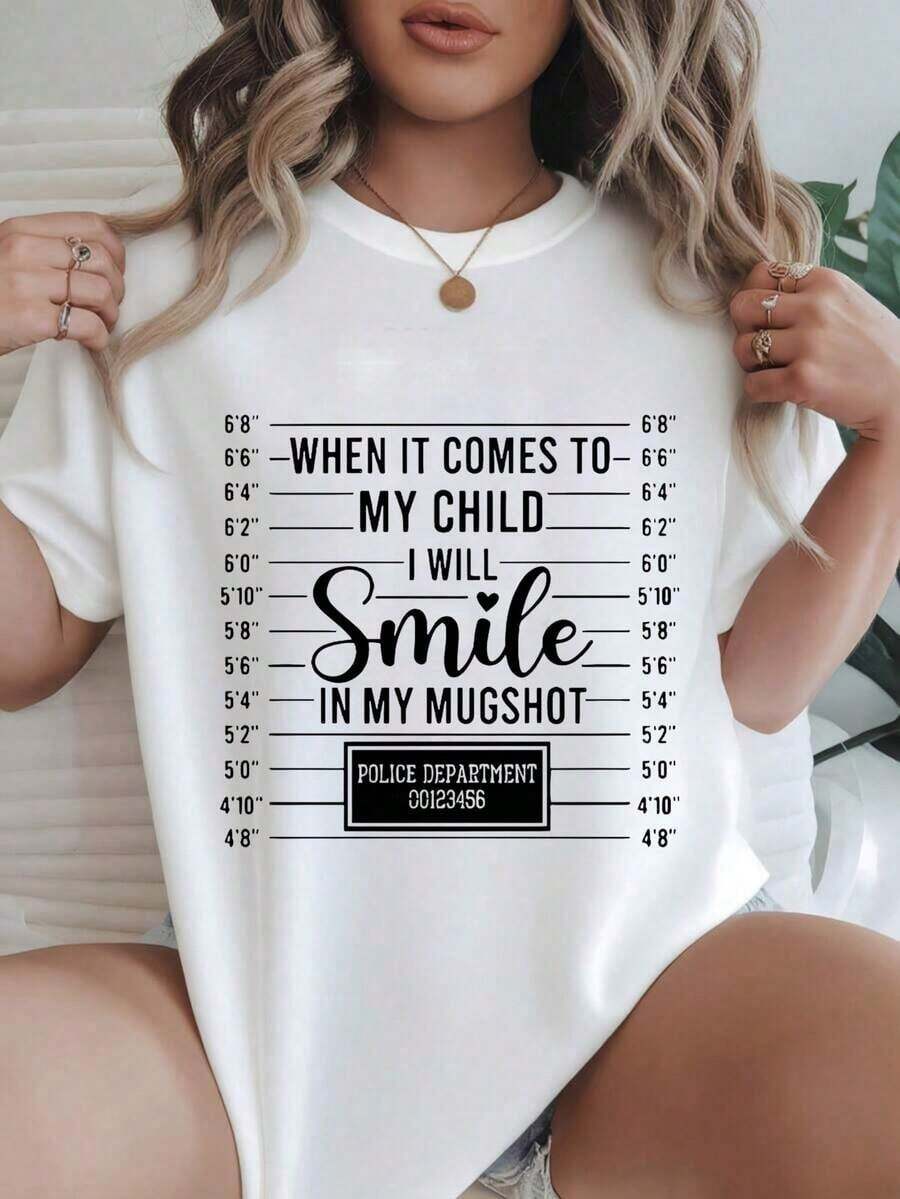 Women's Vintage Style Short Sleeve Casual T-Shirt - Featuring The Phrase "When It Comes To My Child I Will Smile In My Mugshot", Round Neck, Summer Top, Machine Washable, Ladies' T-Shirts, Casual Wear, Modern Look, Comfortable Fit.
-WhiteFashion - 白色 - 查看 1