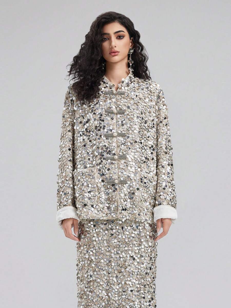 Rich Radi Q's Shiny Sequin Contrast Detail Regular Length Women Jacket, Party Casual Top