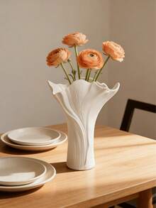 1pc White Vase With Ruffled Texture, Suitable For Living Room, Bedroom, Office, Dining Table, Window Sill, Entrance, Wedding Centerpiece Decor, Modern Minimalist Home Decor - Multicolor - View 4