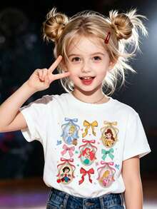 Disney Princess Print Girls T-Shirt, Adorable Cinderella Belle Ariel Snow White Aurora Bow Shirt, Kids 2-14 Years Short Sleeve Top For Birthday & Holiday Celebrations, Express Delivery - trắng - Xem 1