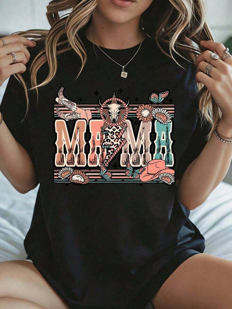 Mama T-Shirt For Mother's Day, Western Boho Print With Cow Skull And Flowers, Black Casual Clothing For Spring Summer - 黑色 - 查看 1