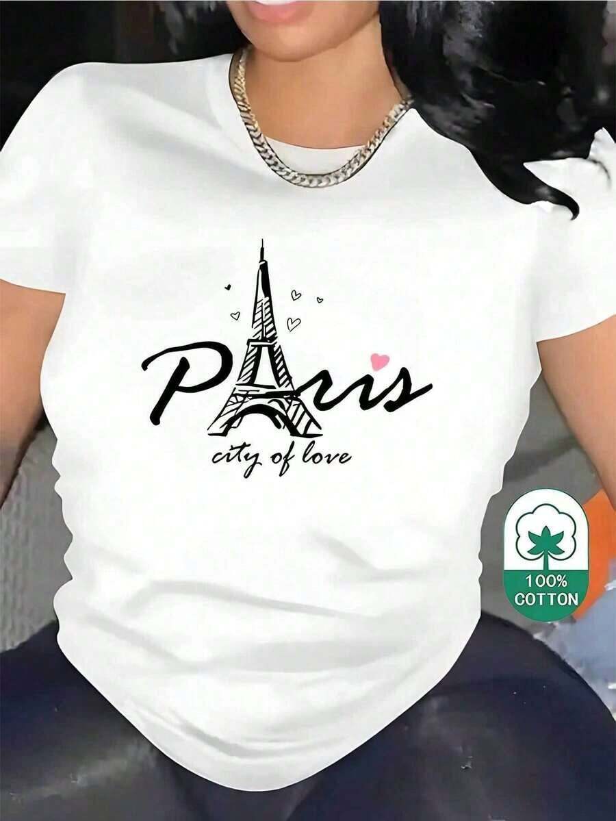 Playera de mujer 100% algodón manga corta estampado Torre Eiffel casual cómoda para verano - Blanco - Ver 1
