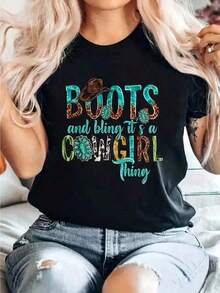 Boots And Glitter: It's Cowboy Style, Rodeo Hat, Funny Printed T-Shirt, Women's Cotton T-Shirt, Short Sleeve, Round Neck, Casual Top For Summer And Spring, Women's Clothing, Summer Clothes - 黑色 - 查看 7