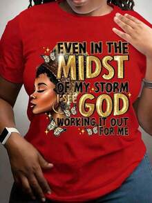 Women's Casual Short Sleeve Round Neck T-Shirt Fashion 2026 100% Cotton T-Shirt With "Even In The Midst Of My Storm" And Butterfly, Christian And Inspirational Casual Top For Women, Cozy Soft Simple Everyday Wear Short Sleeve Top - 紅色 - 查看 7