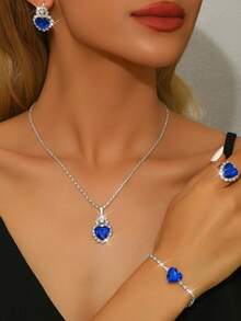 Bộ trang sức nữ màu xanh hình trái tim đính đá lấp lánh - Dây chuyền, bông tai, vòng tay, nhẫn, bộ trang sức dự tiệc. - Màu xanh lam - Xem 2