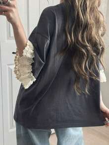 Camiseta de manga corta para mujer con ajuste holgado, estampado de letras, parches de encaje, de mezcla de algodón transpirable, versátil para primavera/verano - Gris 2 - Ver 2