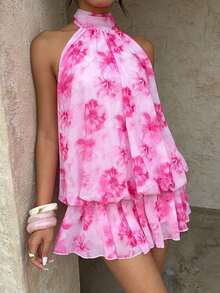Vestido mini elegante de mujer con cuello halter y lazo en color amarillo claro - Rosa - Ver 4
