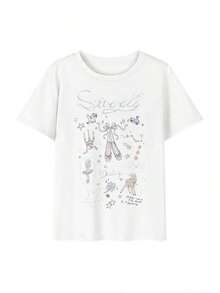 Women's Summer 2026 Custom Blouse, Round Neck, Casual Country Style Floral Print, Versatile Short Sleeve Sweet Korean Style Student T-Shirt, 1 Piece, Loose Cotton White Short Sleeve Round Neck T-Shirt, Urban Vintage Style. - 白色 - 查看 4