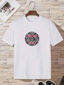 Camiseta casual para mujer, estampada con un patrón de cara sonriente en forma de corazón.Camiseta de mujer. - Blanco - Ver 2