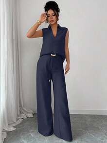 Set de 2 piezas de top sin mangas de cuello en V y pantalones rectos con decoración de cinturón holgado, de estilo casual y versátil para mujer, para primavera/verano - Azul marino - Ver 5