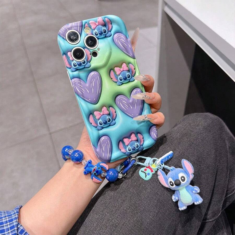 Disney Lilo & Stitch Phone Case With Stitch Charm And Stitch Lanyard - Cute Stitch Protective Case With Pink Bow And Heart Pattern Design, Equipped With Delicate Stitch Decorative Lanyard And Beaded Bracelet For Easy Carrying, Compatible With IPhone 17, 16, 15, 14, 13, 12, 11 Pro Series, Ideal For Birthdays, Holidays, Anniversaries, Graduation Gifts, Or Any Special Occasion To Surprise Family, Friends, Classmates, And Loved Ones. - 白色 - 查看 1