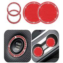 4pcs Car Interior Accessories - Diamond Studded Car Cup Holders, Car Ignition Ring Decor, Anti-Slip Waterproof Car Coasters, One-Touch Start Decorative Ring (Large Diamond Version) - A - View 4