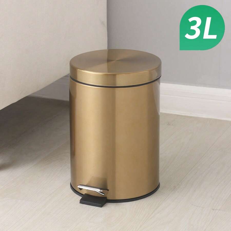 1pc Gold Stainless Steel Trash Can, Foot Pedal, Round, Quiet Lid, Fingerprint-Resistant, Vintage Style Suitable For Bathroom, Kitchen, Office