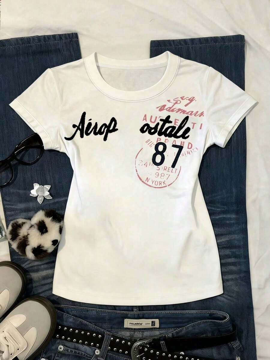 Camiseta casual de mujer de manga corta con estampado de letras, cuello redondo y versátil - Blanco - Ver 1